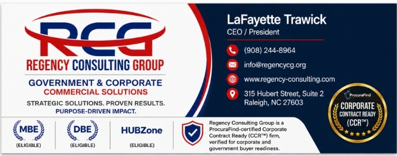 LaFayette Trawick — CEO & President business card, front. Regency Consulting Group, MBE / DBE / HUBZone eligible, ProcuraFind Corporate Contract Ready.