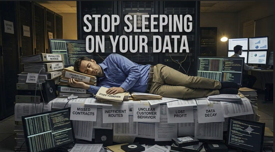 Stop sleeping on your data — a man asleep on piles of unanalyzed reports labeled missed contracts, lost profit and data decay