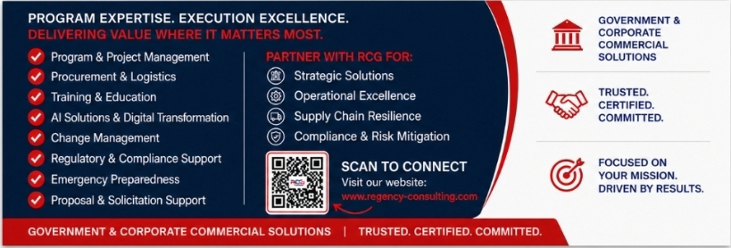 Regency Consulting Group capabilities — Program & Project Management, Procurement & Logistics, Training & Education, AI & Digital Transformation, Change Management, Regulatory & Compliance, Emergency Preparedness, Proposal Support.