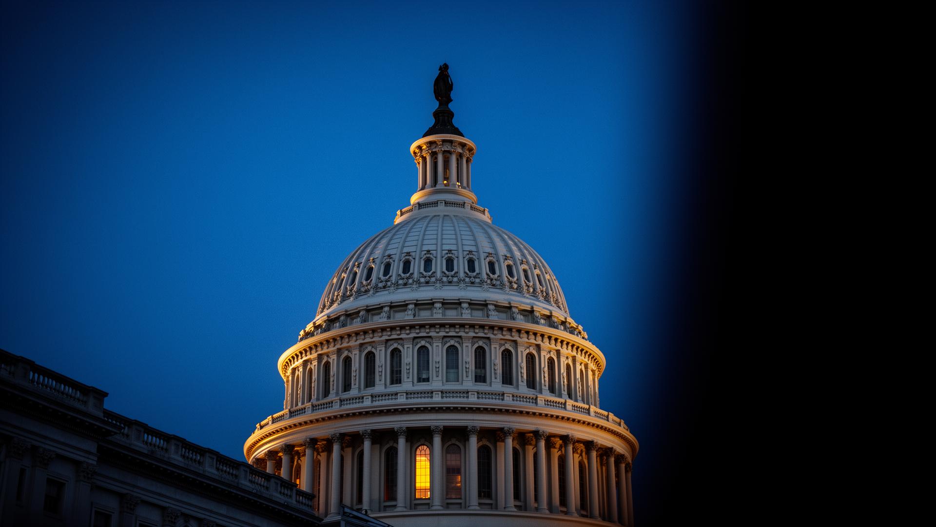 U.S. Capitol dome at blue hour, dramatically lit